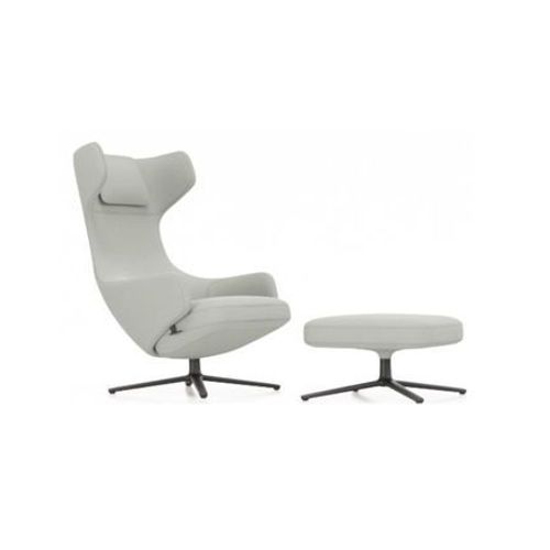 Vitra - Fauteuil Grand Repos & Ottoman Nouvelle Édition - Noir Basique Enduit De Poudre - Cosy2 Point De Croix 12 Bleu Poudré - Hauteur Du Siège 40 Cm - Bleu