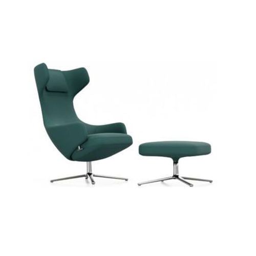 Vitra - Fauteuil Grand Repos & Ottoman Nouvelle Édition - Aluminium Poli - Cosy2 Point De Croix 18 Pétrole - Hauteur Du Siège 45 Cm - Vert
