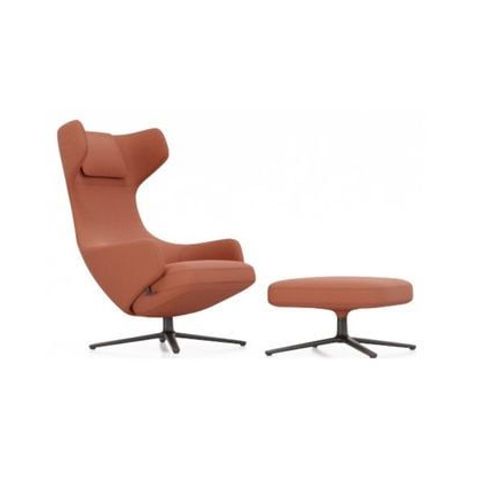 Vitra - Fauteuil Grand Repos & Ottoman Nouvelle Édition - Noir Basique Enduit De Poudre - Cosy2 Point De Croix 15 Orange Rouille - Hauteur Du Siège 40 Cm - Orange