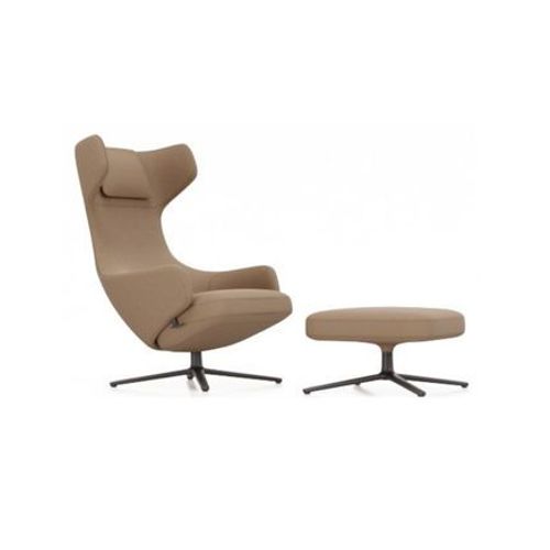 Vitra - Fauteuil Grand Repos & Ottoman Nouvelle Édition - Noir Basique Enduit De Poudre - Cosy2 Point De Croix 13 Papyrus - Hauteur Du Siège 40 Cm - Marron