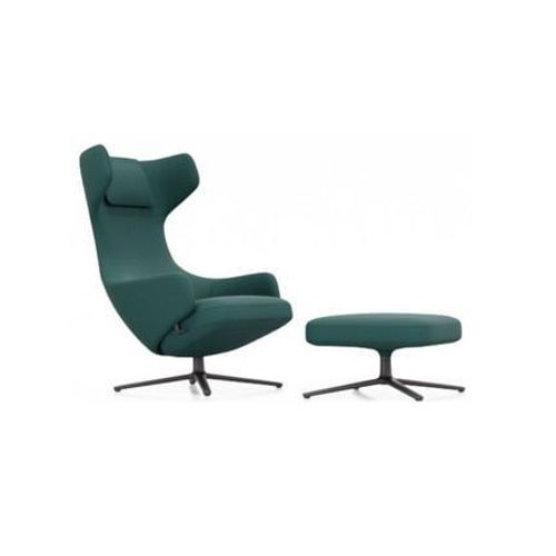 Vitra - Fauteuil Grand Repos & Ottoman Nouvelle Édition - Noir Basique Enduit De Poudre - Cosy2 Point De Croix 18 Pétrole - Hauteur Du Siège 40 Cm - Vert
