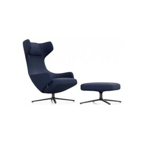 Vitra - Fauteuil Grand Repos & Ottoman Nouvelle Édition - Noir Basique Enduit De Poudre - Cosy2 Point De Croix 21 Bleu Foncé - Hauteur Du Siège 40 Cm - Bleu