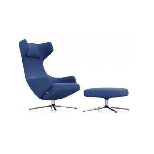 Vitra - Fauteuil Grand Repos & Ottoman Nouvelle Édition - Aluminium Poli - Cosy2 Point De Croix 20 Bleu Électrique - Hauteur Du Siège 40 Cm - Bleu