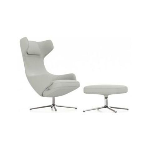 Vitra - Fauteuil Grand Repos & Ottoman Nouvelle Édition - Aluminium Poli - Cosy2 Point De Croix 12 Bleu Poudré - Hauteur Du Siège 45 Cm - Bleu