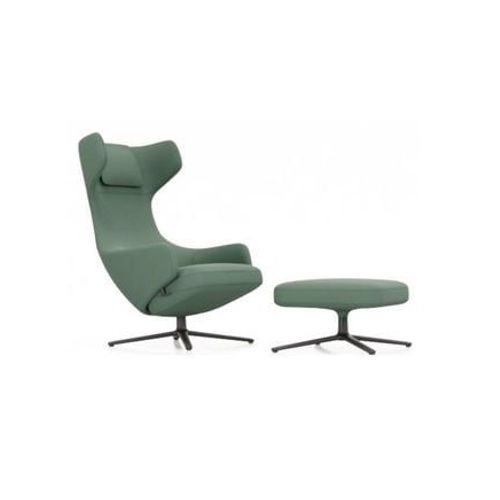 Vitra - Fauteuil Grand Repos & Ottoman Nouvelle Édition - Noir Basique Enduit De Poudre - Cosy2 Point De Croix 17 Vert Roseau - Hauteur Du Siège 40 Cm - Vert