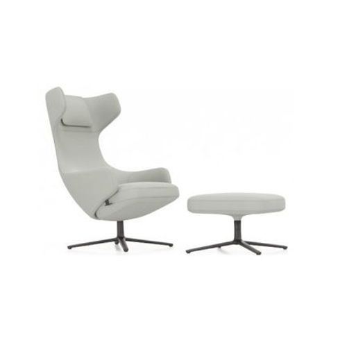 Vitra - Fauteuil Grand Repos & Ottoman Nouvelle Édition - Noir Basique Enduit De Poudre - Cosy2 Point De Croix 12 Bleu Poudré - Hauteur Du Siège 45 Cm - Bleu