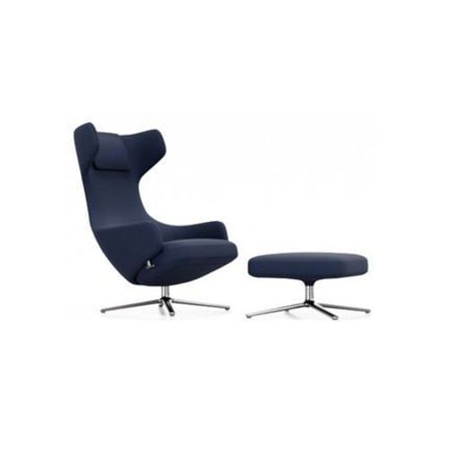 Vitra - Fauteuil Grand Repos & Ottoman Nouvelle Édition - Aluminium Poli - Cosy2 Point De Croix 21 Bleu Foncé - Hauteur Du Siège 40 Cm - Bleu