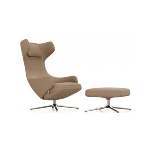 Vitra - Fauteuil Grand Repos & Ottoman Nouvelle Édition - Aluminium Poli - Cosy2 Point De Croix 13 Papyrus - Hauteur Du Siège 40 Cm - Marron