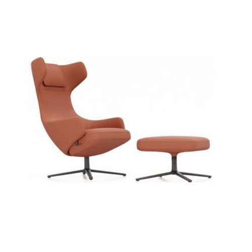 Vitra - Fauteuil Grand Repos & Ottoman Nouvelle Édition - Noir Basique Enduit De Poudre - Cosy2 Point De Croix 15 Orange Rouille - Hauteur Du Siège 45 Cm - Orange