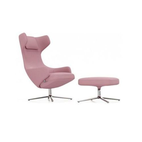 Vitra - Fauteuil Grand Repos & Ottoman Nouvelle Édition - Aluminium Poli - Cosy2 Point De Croix 16 Rose Poudré - Hauteur Du Siège 45 Cm - Rose