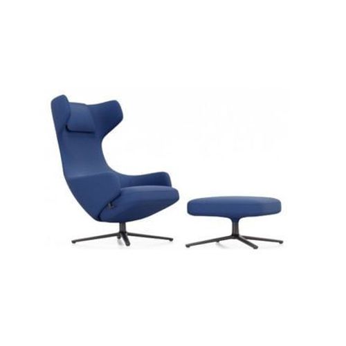 Vitra - Fauteuil Grand Repos & Ottoman Nouvelle Édition - Noir Basique Enduit De Poudre - Cosy2 Point De Croix 20 Bleu Électrique - Hauteur Du Siège 40 Cm - Bleu