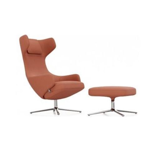 Vitra - Fauteuil Grand Repos & Ottoman Nouvelle Édition - Aluminium Poli - Cosy2 Point De Croix 15 Orange Rouille - Hauteur Du Siège 45 Cm - Orange