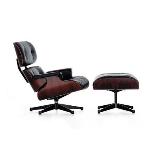 Vitra - Lounge Chair & Ottoman - Poli / Côtés Noirs - Cuir Premium F Chocolat - Santos Palisander - Dimensions Classiques - 84 Cm - Marron
