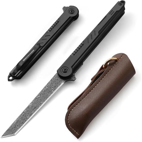 Anwxai-Drachenader Damas Couteau De Poche Tanto Couteau Pliant De Haute Qualité Slim Avec Poche Couteau À Une Main Petit Acier Damassé,Noir