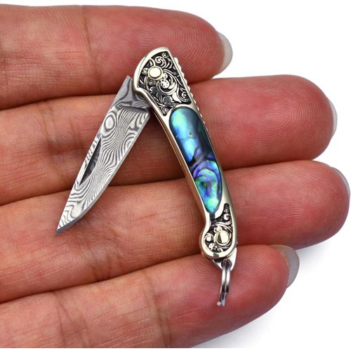 Anwxai-Couteau Pliant Mini En Acier De Damas,Couteau De Poche Edc Ultra-Léger 9 G,Manche En Nacre D¿Ormeau,Lame 2,7cm,Avec Anneau Porte-Clés,Idéal Pour L¿Ouverture De Colis Et De Paquets(Coloré)