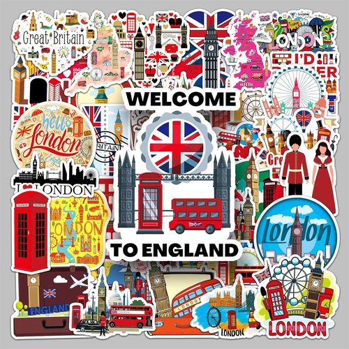 Anwxai-Lot De 50 Angleterre Voyage Autocollants En Vinyle Imperméables,Valises Stickers Pour Bagages Skateboard Guitare Ordinateur Portable(Voyage)