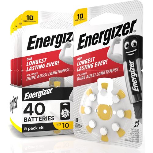 Lot de 40 piles acoustiques énergétiques pour appareils auditifs pour écouteurs taille 10 jaune avec technologie PowerSeal-5 ampoules de 8 piles.[T16]
