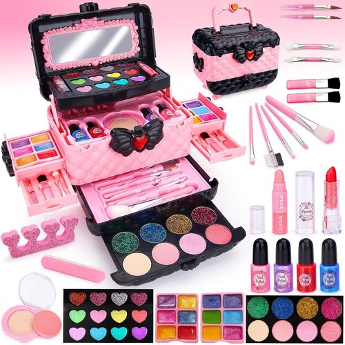 Maquillage Enfant Jouet Filles,53 Pcs Lavable Malette Maquillage Jouet pour Enfant,Valise Beauté pour Enfant,Cadeau de Noël Anniversaire Jouet pour Princesse Fille 3 4 5 6 7+ Ans