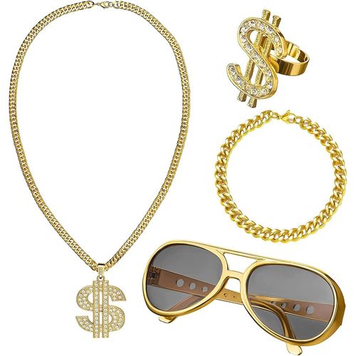 Kit De Colliers Et Bagues Hip Hop,Kit De Chaîne De Dollar,Chaîne Plaqué De Signe Dollar,Accessoires De Rappeur Des Années 80/90 Pour Party De Carnaval,Cosplay,Soirées Concerts Rap