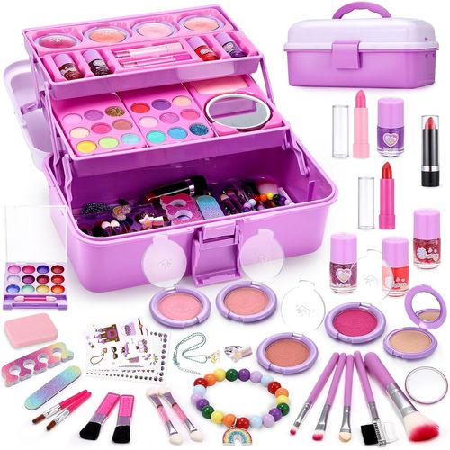 Maquillage Enfant Jouet Filles-68Pcs Lavable Coffret Maquillage Enfant,Malette Maquillage Enfant Non Toxique,Cadeau de Noël Anniversaire pour Fille 3-12+ Ans