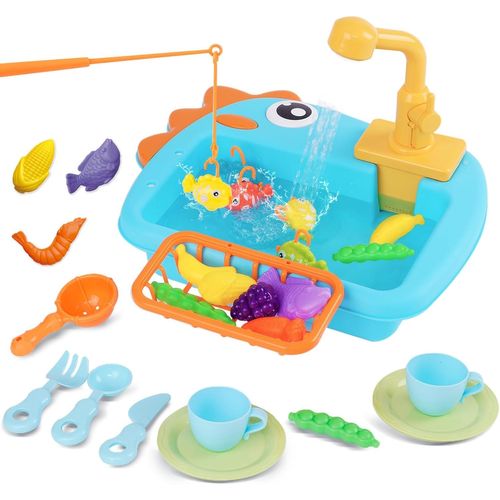 Lavabo Enfant Montessori avec Eau Apprentissage Autonomie Fonctionnel Exterieur Fermé Salle de Bain Evier avec Circuit Pompe Robinet Jouet Cuisine Legumes Bebe 1 an Fille Garcon 2 Ans Bleu