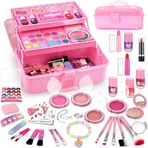 Maquillage Enfant Jouet Filles-68Pcs Lavable Coffret Maquillage Enfant,Malette Maquillage Enfant Non Toxique,Cadeau de Noël Anniversaire pour Fille 3-12+ Ans