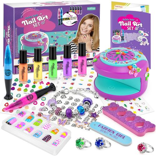 Kit Manucure Enfant 6 7 8 9 10 11 12,Kit Vernis avec Bijoux Jouet Ongles Maquillage Idée Cadeau Anniversaire Fille