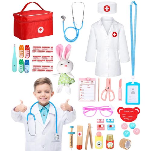 Malette Docteur Enfant,Malette Docteur Enfant Médecin Jouet Bois avec Stéthoscope,Thermomètre,Seringue,Blouse de Docteur et Autres Accessoires,Jouet d'Imitation dès 3 Ans