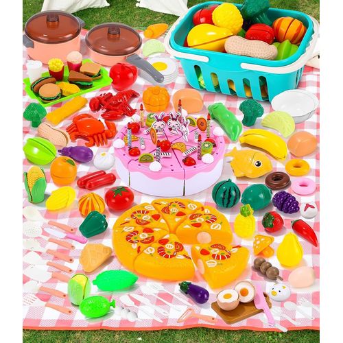 Cuisine Enfant Ensemble 141PCS,Dinette Enfant Ustensile Cuisine Enfant,Jouet à Légumes et Fruits Jouets Alimentaires Jouets Educatifs pour Bébé,Plastique Fruit Légume Jeux Enfant 3 4 5ans