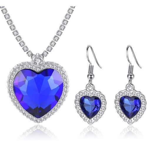 Titanic Coeur De L'océan Collier Boucles D'oreilles Ensemble De Bijoux,Collier Pendentif Saphir Bleu Bleu Coeur Cristal Boucles D'oreilles Rubis Collier Titanic Bijoux Pour Femme Fille.[Y925]