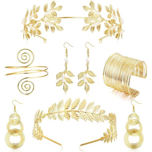 6 Pièces Déesse Grecque Costume Accessoires Pour Femmes Doré Feuille Laurier Couronne Bandeaux Bracelet Bras Bracelet Bobine Boucles D'oreilles Perle Balancent Mariée Parure Bijoux Ensemble.[Y633]