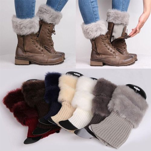 Hiver Femmes Chaud Fausse Fourrure Crochet Tricot Jambières Bottes Chaussettes Toppers Poignets-Beige