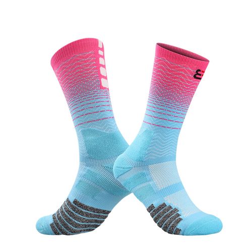 Chaussettes De Sport À Rayures Dégradées, 1 Paire, Patchwork, Mi-Tube, Pour Femmes Et Hommes, Bas De Serviette Antidérapant, Chaussettes De Basket-Ball Professionnelles-Bleu Rose