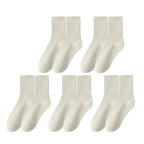 5 Paires De Chaussettes Mi-Tube Pour Femmes, Sans Odeur, Épaisses, Chaudes, Couleur Unie, Haute Élasticité, Antidérapantes, Absorption De La Sueur, Anti-Rétrécissement, Chaussettes De Sport D'hiver-Beige
