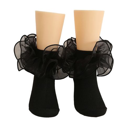 1 Paire De Chaussettes Pour Enfants Style Princesse Lolita Décor En Dentelle Florale Couleur Unie Doux Respirant Élastique Anti-Dérapant Chaussettes De Danse De Ballet-Noir S