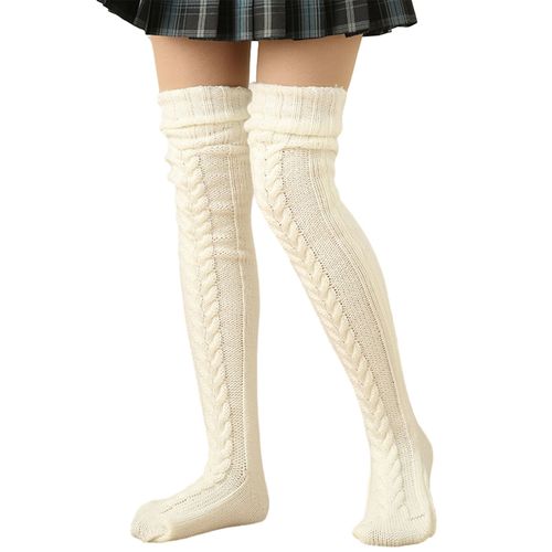 1 Paire De Bas D'hiver Épais Tricotés, Couleur Unie, Haute Élasticité, Antidérapants Sur La Longueur Du Genou, Jupe Chaude Et Douce, Bottes, Chaussettes Collants D'hiver-Beige
