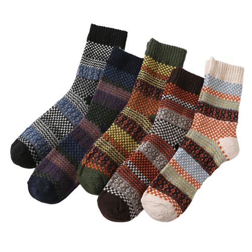 5 Paires De Chaussettes D'hiver Pour Hommes Mi-Tube Épais Isolation Thermique Style Ethnique Maison Chambre Porter Chaussettes De Sol Colorblock Anti-Dérapant Tricoté Usage Quotidien Chaussettes De Sport-Un