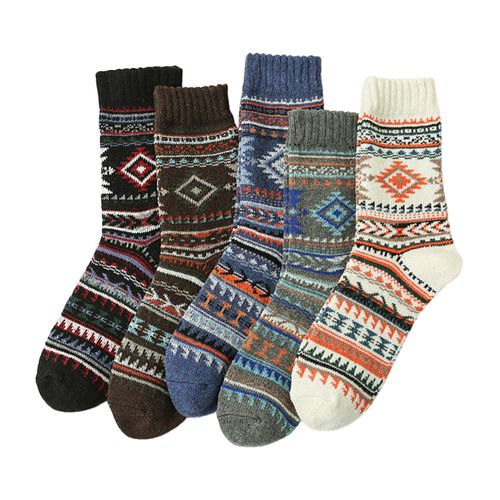 5 Paires De Chaussettes D'hiver Pour Hommes Mi-Tube Épais Isolation Thermique Style Ethnique Maison Chambre Porter Chaussettes De Sol Colorblock Anti-Dérapant Tricoté Usage Quotidien Chaussettes De Sport-F
