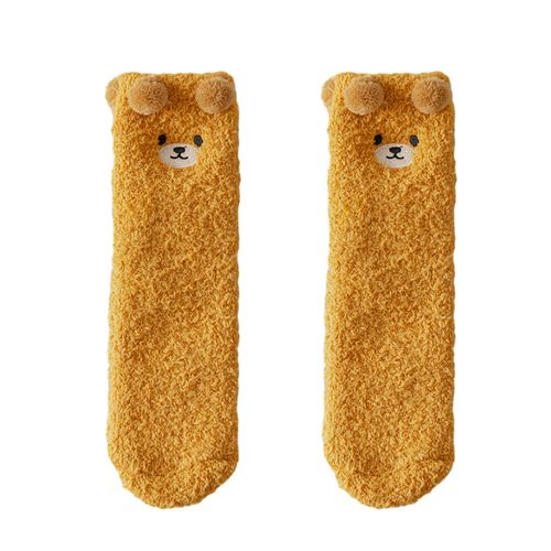 1 Paire De Chaussettes Pelucheuses En Molleton De Corail Pour Femmes, Chaussettes De Sol Épaisses En Peluche Avec Motif D'ours Brodé, Chaussettes De Couchage À Mi-Tube Pour La Maison, Hiver-Caramel