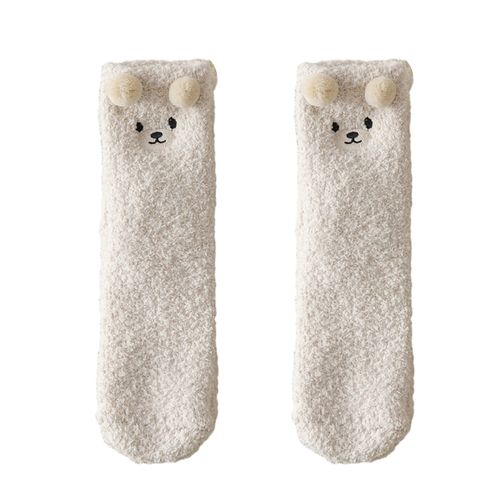 1 Paire De Chaussettes Pelucheuses En Molleton De Corail Pour Femmes, Chaussettes De Sol Épaisses En Peluche Avec Motif D'ours Brodé, Chaussettes De Couchage À Mi-Tube Pour La Maison, Hiver-Beige