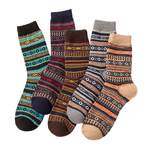 5 Paires De Chaussettes D'hiver Pour Hommes Chaussettes En Coton À Tube Haut Style Ethnique Rétro Poignets Côtelés Élastiques Chaussettes Colorées Pour La Randonnée Sport Lavable En Machine Garder Au Chaud Bas Quotidiens Antidérapants-B