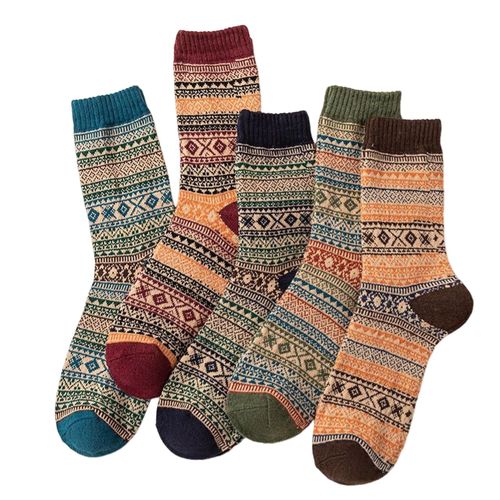 5 Paires De Chaussettes D'hiver Pour Hommes Chaussettes En Coton À Tube Haut Style Ethnique Rétro Poignets Côtelés Élastiques Chaussettes Colorées Pour La Randonnée Sport Lavable En Machine Garder Au Chaud Bas Quotidiens Antidérapants-Un