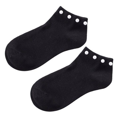 Chaussettes Basses En Coton Respirant Avec Fausses Perles De Couleur Unie Pour Femmes-Noir