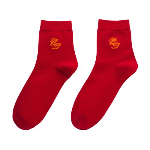 1 Paire Unisexe Nouvel An Chaussettes Rouges Chinois Dragon Serpent Broderie Mi-Tube Élastique Anti-Dérapant Absorption De La Sueur Hommes Célébrations Chaussettes-Un