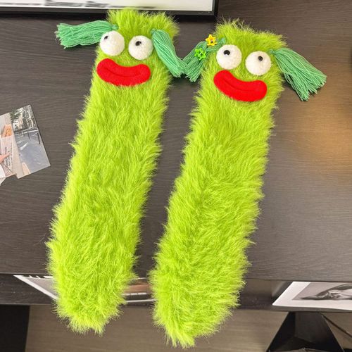 1 Paire De Chaussettes D'hiver En Peluche Pour Filles, Chaussettes Chaudes Et Moelleuses En Velours De Corail, Chaussettes De Sommeil Laides Et Amusantes-Vert