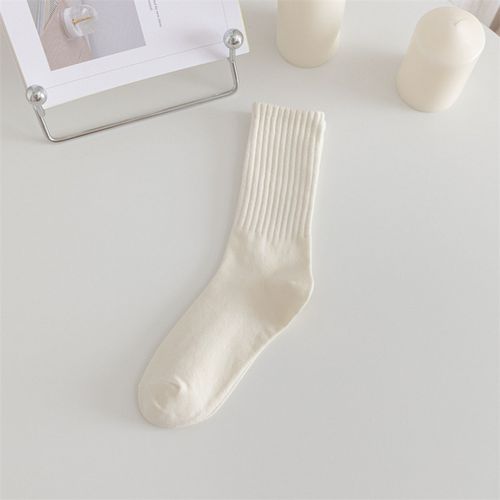 1 Paire De Chaussettes En Coton Pour Femmes, Mi-Tube, Sans Odeur, Fil De Couleur Unie, Haute Élasticité, Antidérapantes, Respirantes, Douces, Absorption De La Sueur, Anti-Rétrécissement, Chaussettes De Sport Quatre Saisons-Beige