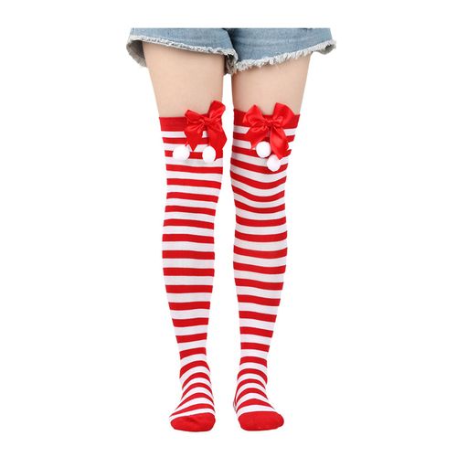 1 Paire De Bas De Noël À Rayures Colorées Rétro, Couleur Vive, Décor De N?Ud, Antidérapants, Performances Fines, Cosplay, Mini Robe, Jupe, Paires De Chaussettes Longues-Rouge Et Blanc