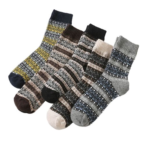 5 Paires De Chaussettes D'hiver Pour Hommes Mi-Tube Épais Isolation Thermique Style Ethnique Maison Chambre Porter Chaussettes De Sol Colorblock Anti-Dérapant Tricoté Usage Quotidien Chaussettes De Sport-C