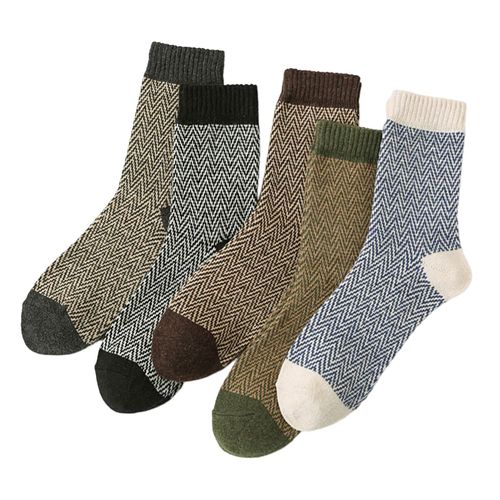 5 Paires De Chaussettes D'hiver Pour Hommes Mi-Tube Épais Isolation Thermique Style Ethnique Maison Chambre Porter Chaussettes De Sol Colorblock Anti-Dérapant Tricoté Usage Quotidien Chaussettes De Sport-D