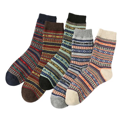 5 Paires De Chaussettes D'hiver Pour Hommes Mi-Tube Épais Isolation Thermique Style Ethnique Maison Chambre Porter Chaussettes De Sol Colorblock Anti-Dérapant Tricoté Usage Quotidien Chaussettes De Sport-E